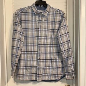 TOMMY BAHAMA BRAND Men's Blue Gray Plaid FLANNEL BUTTON UP LONG SLEEVE SIZE XL